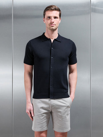 Cotton Knitted Button Through Short Sleeve Shirt in Black