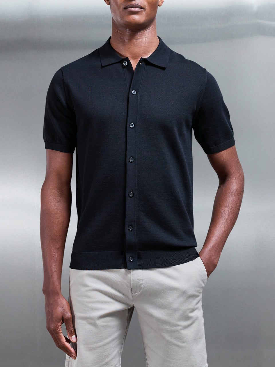 Cotton Knitted Button Through Short Sleeve Shirt in Black