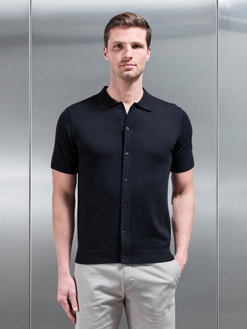 Cotton Knitted Button Through Short Sleeve Shirt in Black