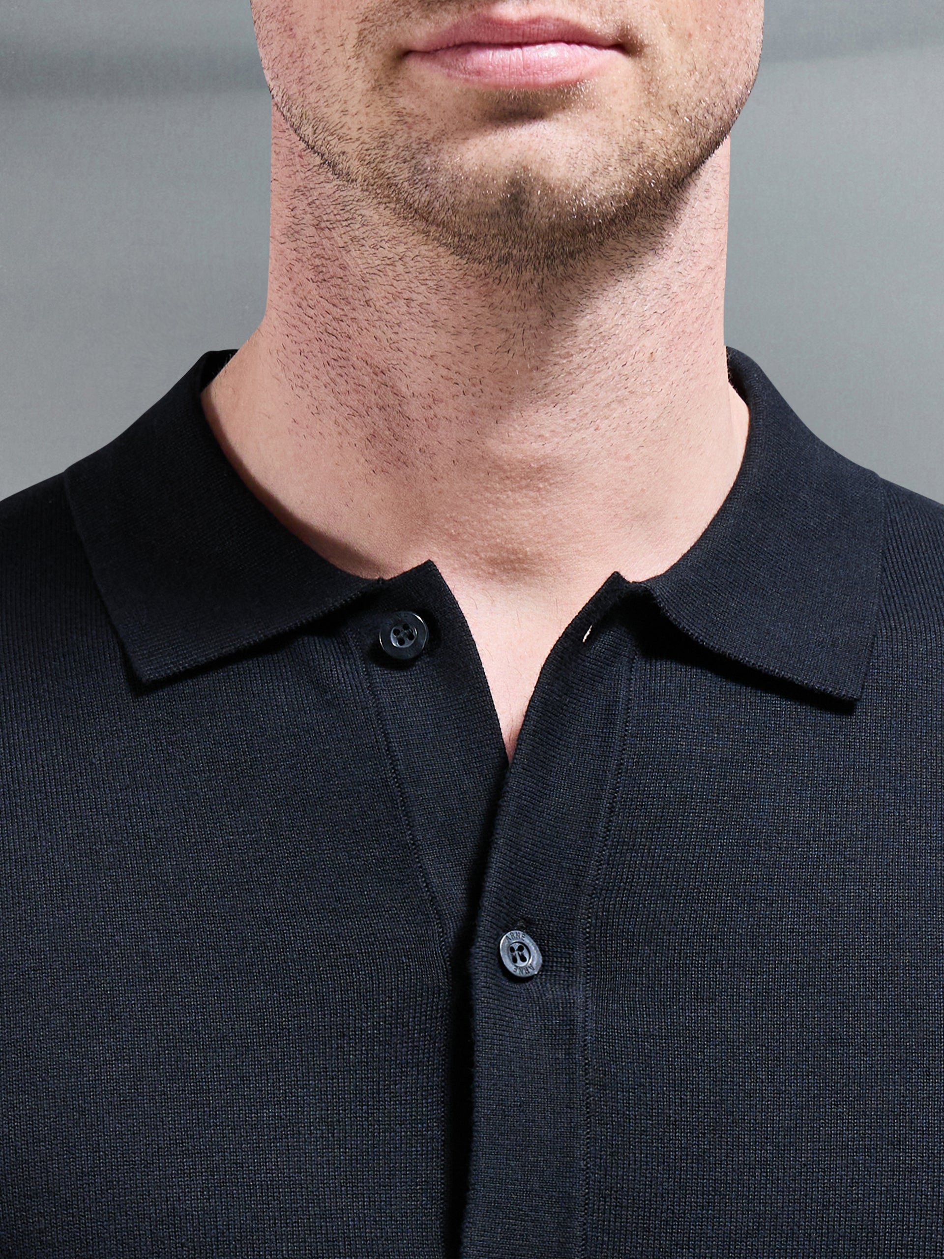 Cotton Knitted Button Through Short Sleeve Shirt in Black