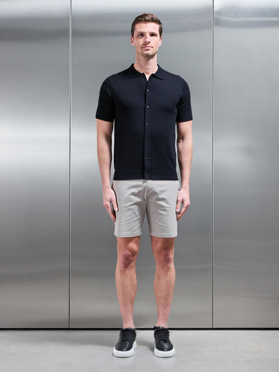 Cotton Knitted Button Through Short Sleeve Shirt in Black