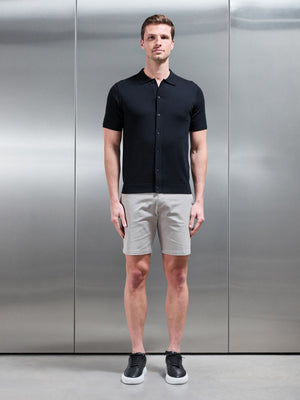 Cotton Knitted Button Through Short Sleeve Shirt in Black