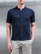 Cotton Knitted Button Through Short Sleeve Shirt in Navy