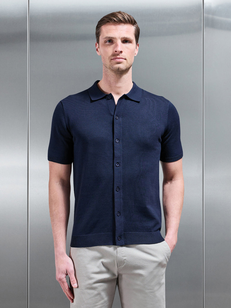 Cotton Knitted Textured Shirt in Navy
