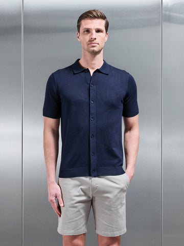 Cotton Knitted Button Through Short Sleeve Shirt in Navy