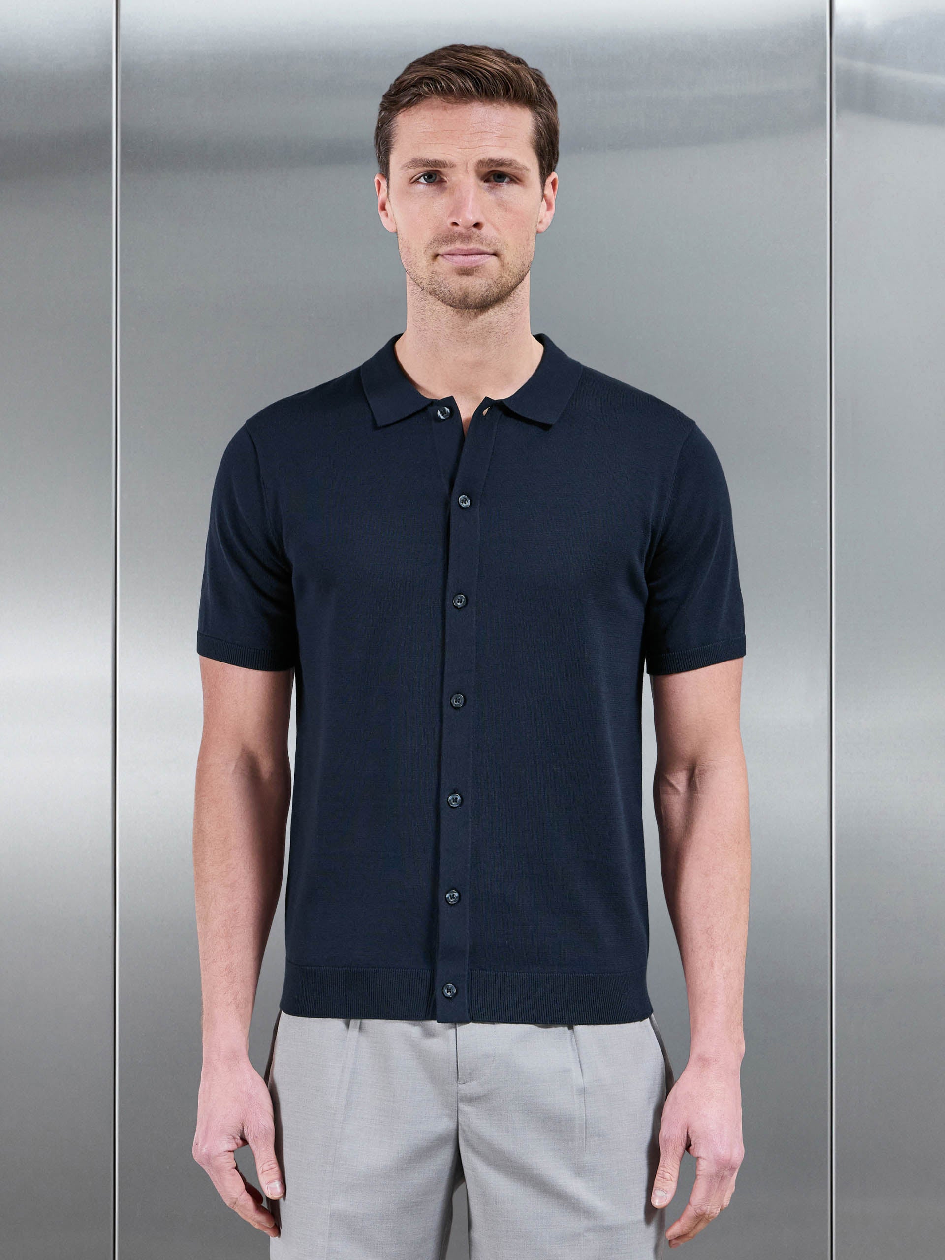 Cotton Knitted Button Through Short Sleeve Shirt in Navy