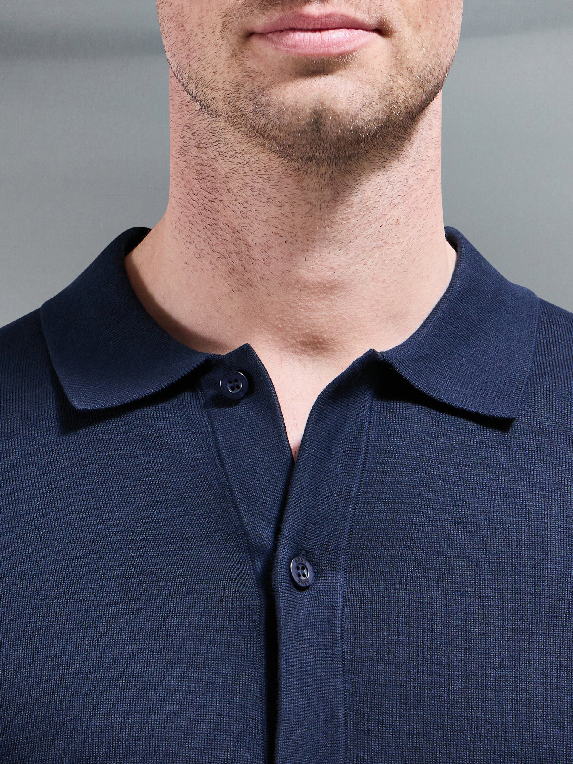 Cotton Knitted Button Through Short Sleeve Shirt in Navy