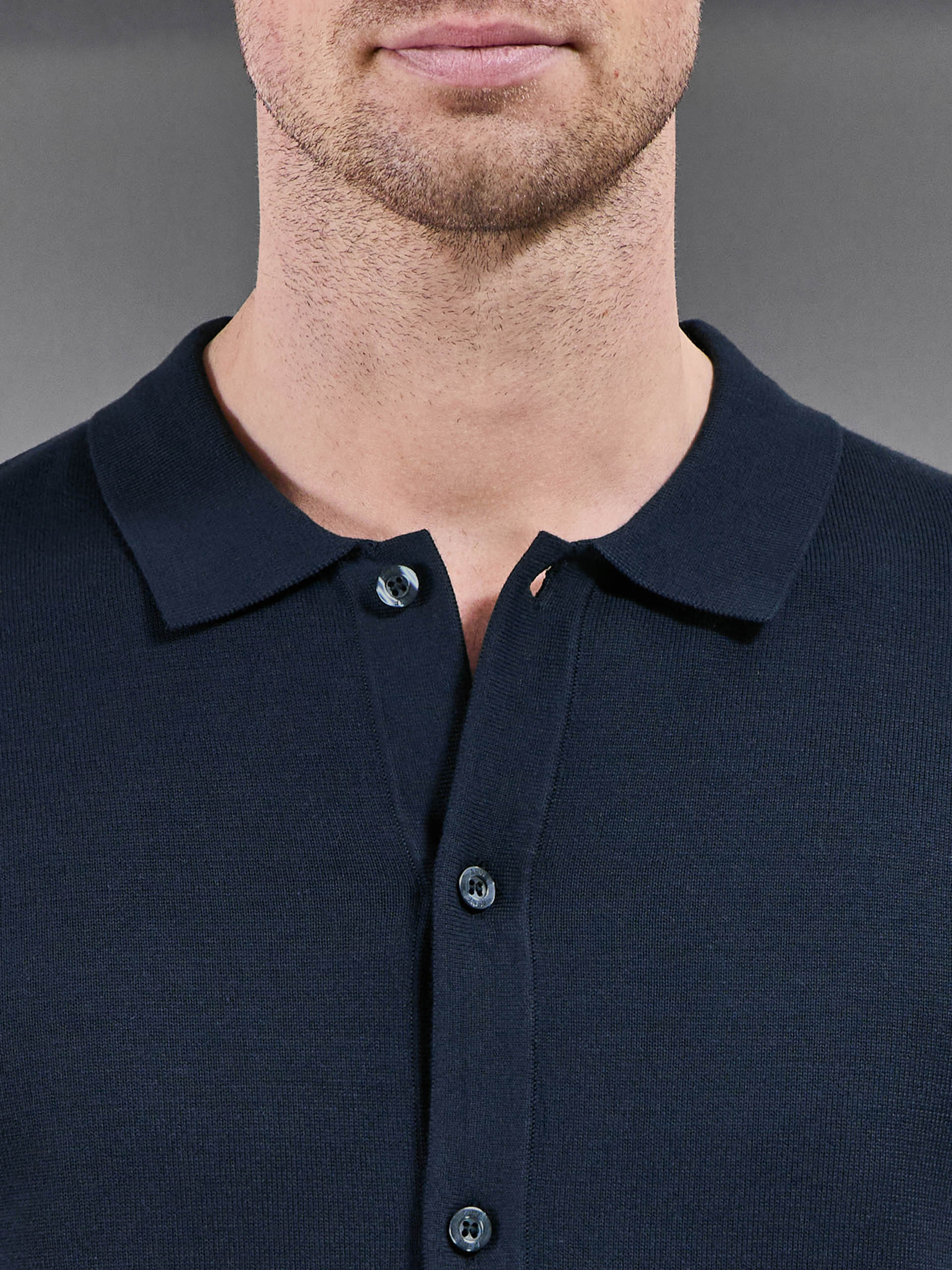 Cotton Knitted Button Through Short Sleeve Shirt in Navy