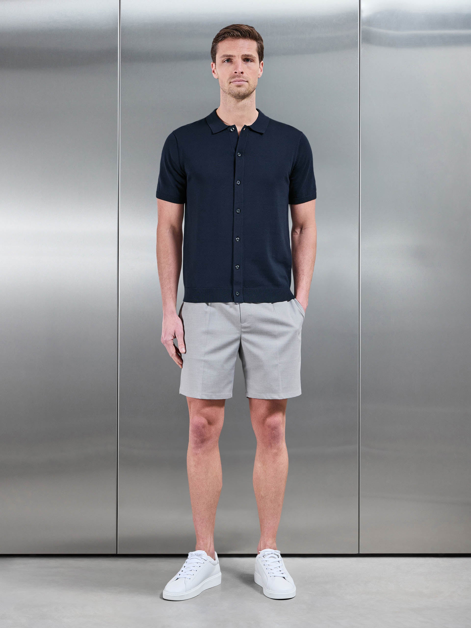 Cotton Knitted Button Through Short Sleeve Shirt in Navy