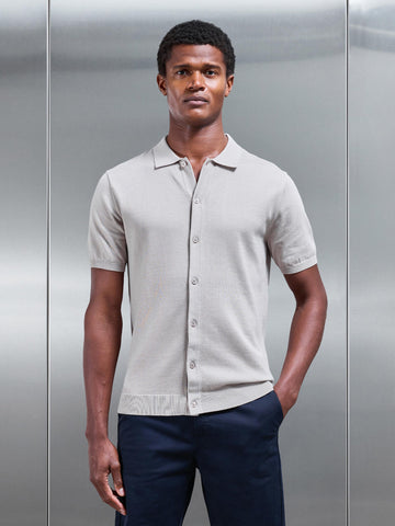 Cotton Knitted Button Through Short Sleeve Shirt in Stone