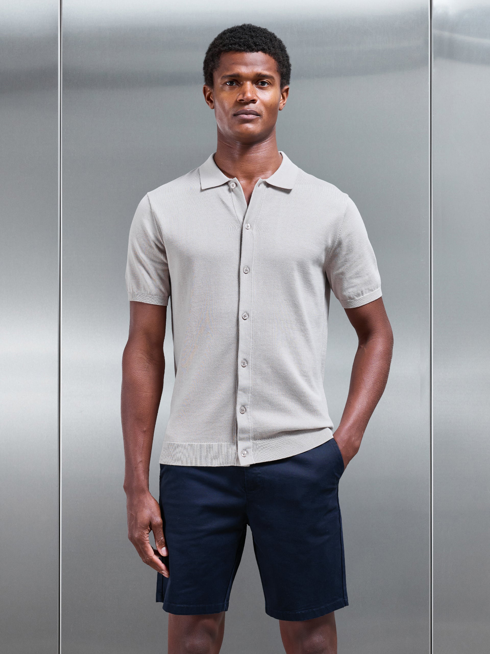 Cotton Knitted Button Through Short Sleeve Shirt in Stone