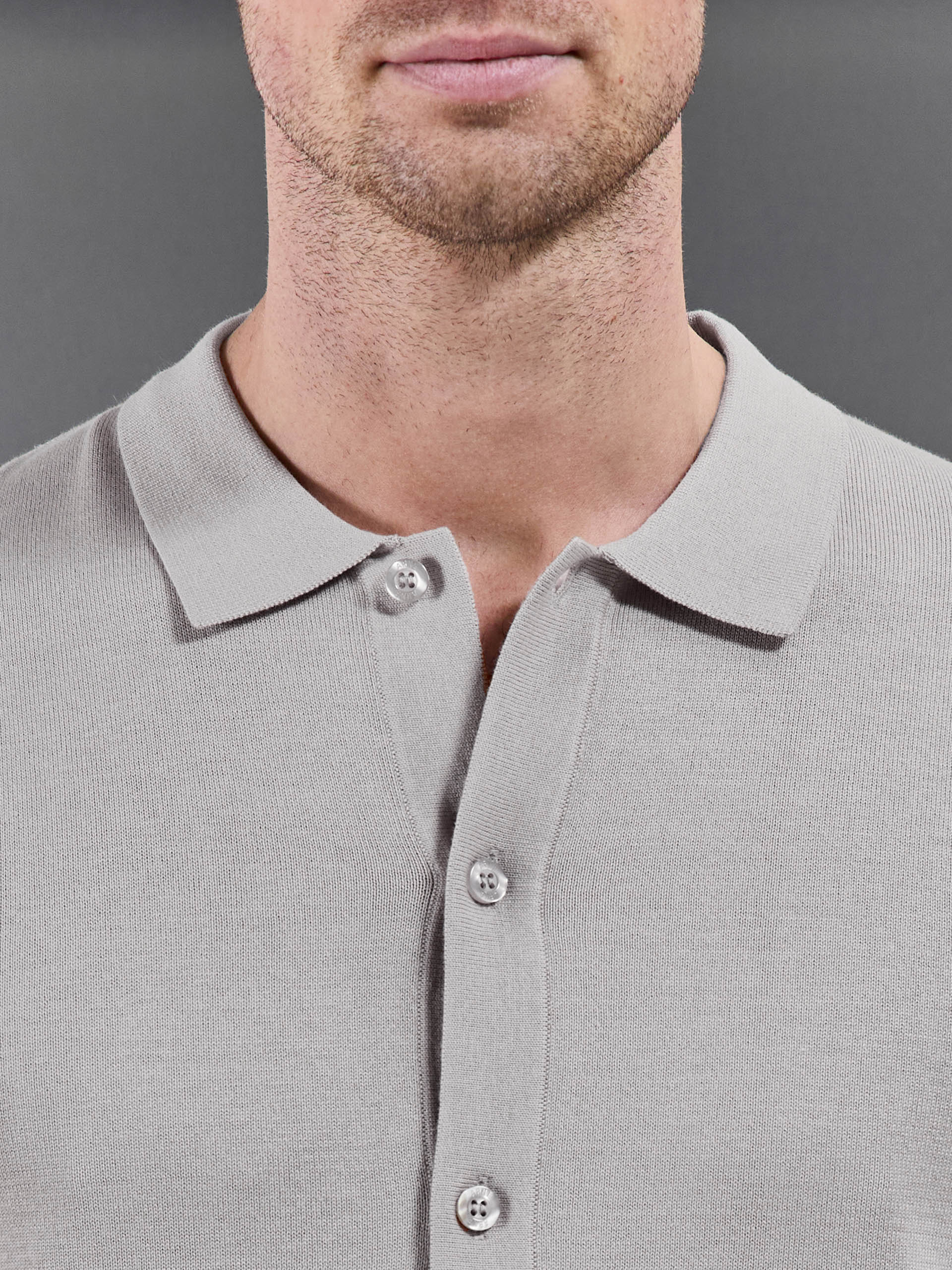 Cotton Knitted Button Through Short Sleeve Shirt in Stone