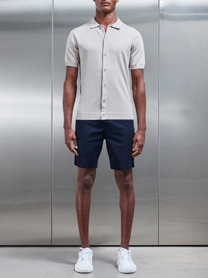 Cotton Knitted Button Through Short Sleeve Shirt in Stone