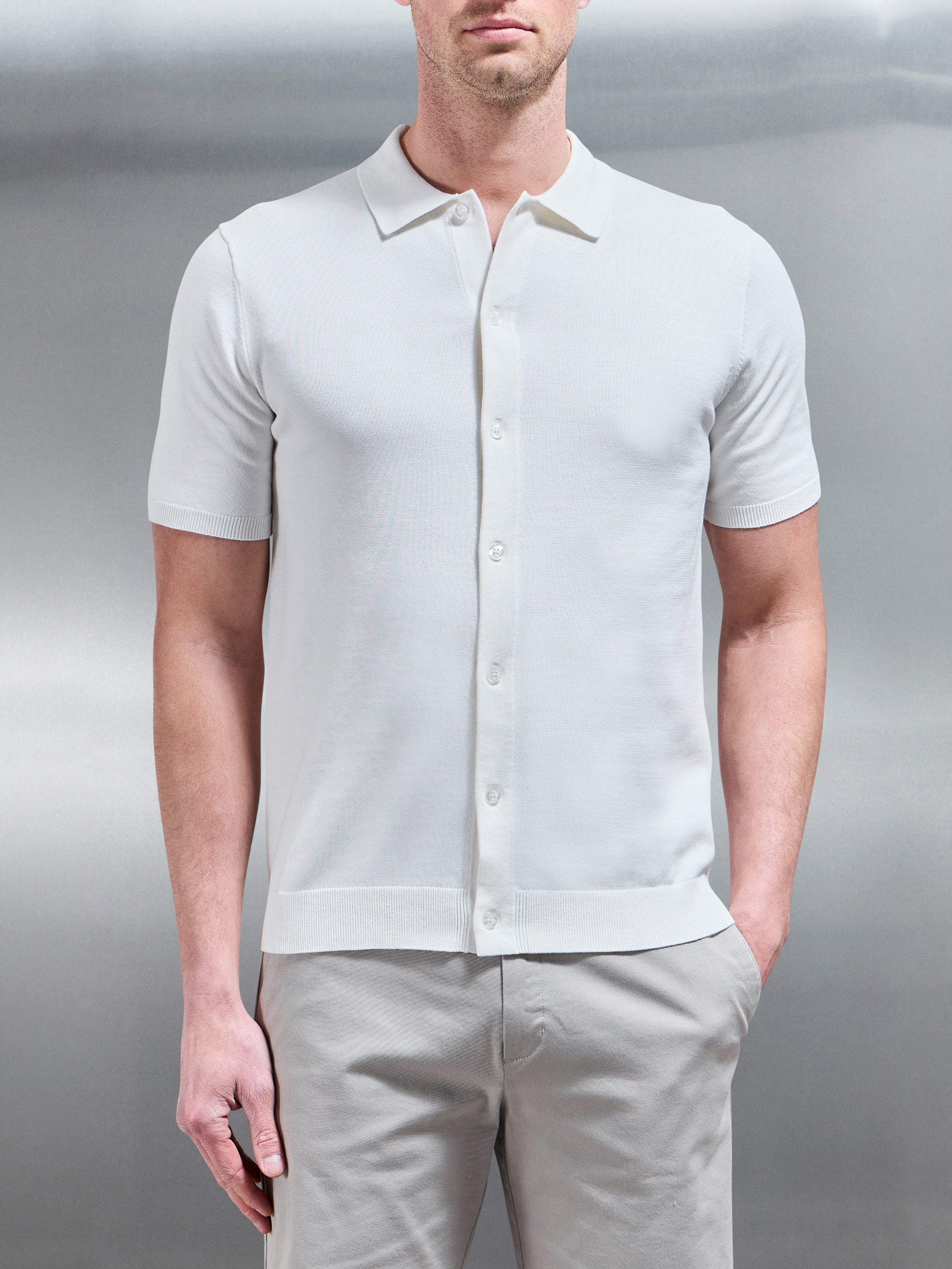 Cotton Knitted Button Through Short Sleeve Shirt in White