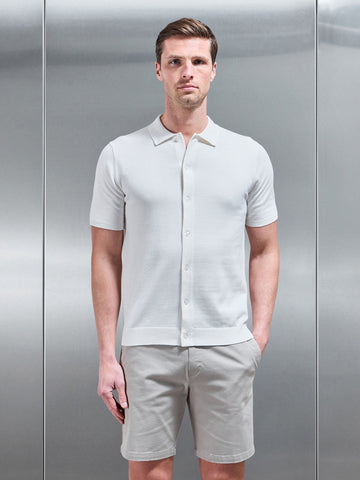 Cotton Knitted Button Through Short Sleeve Shirt in White