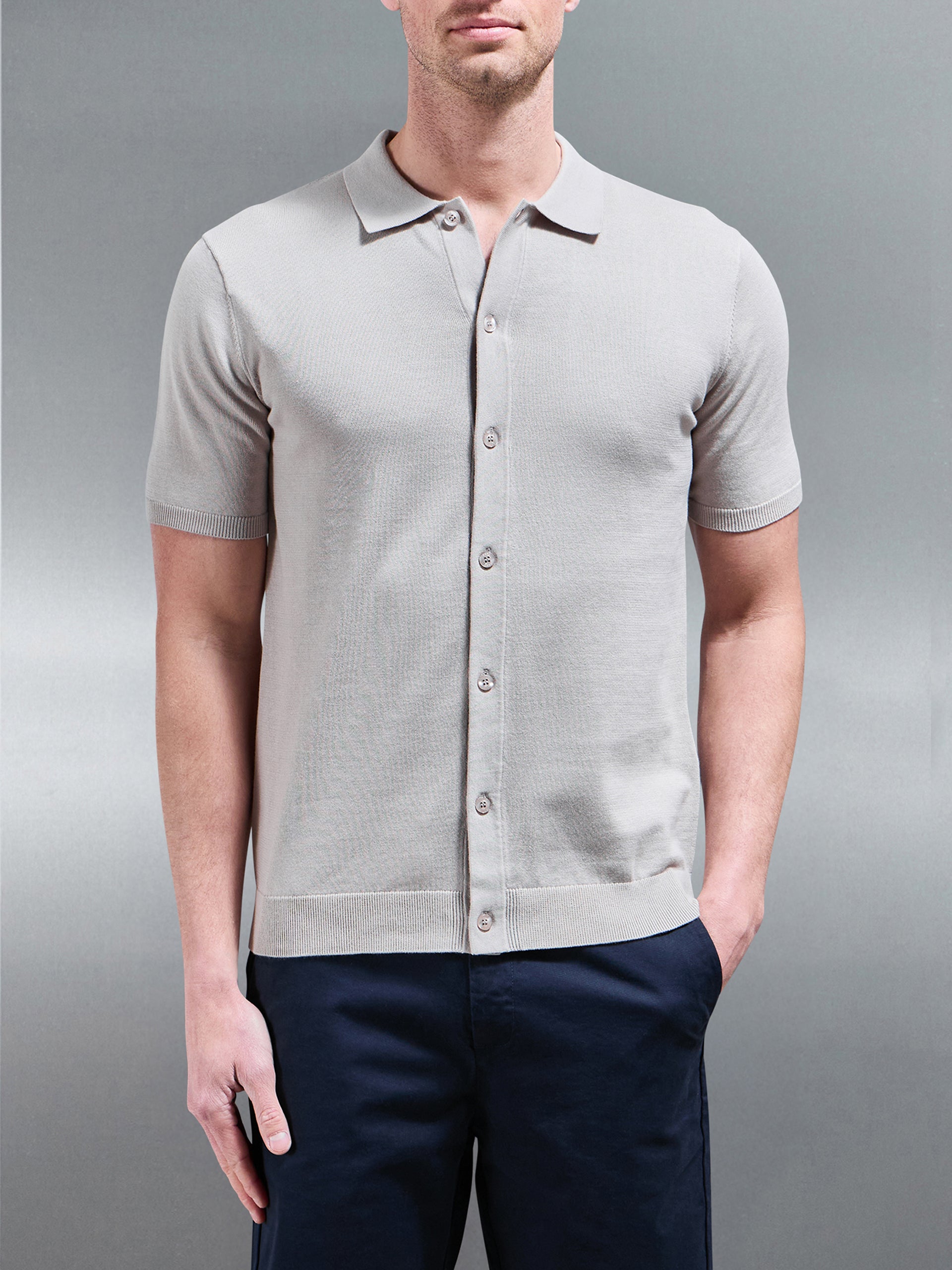 Cotton Knitted Button Through Short Sleeve Shirt in Stone