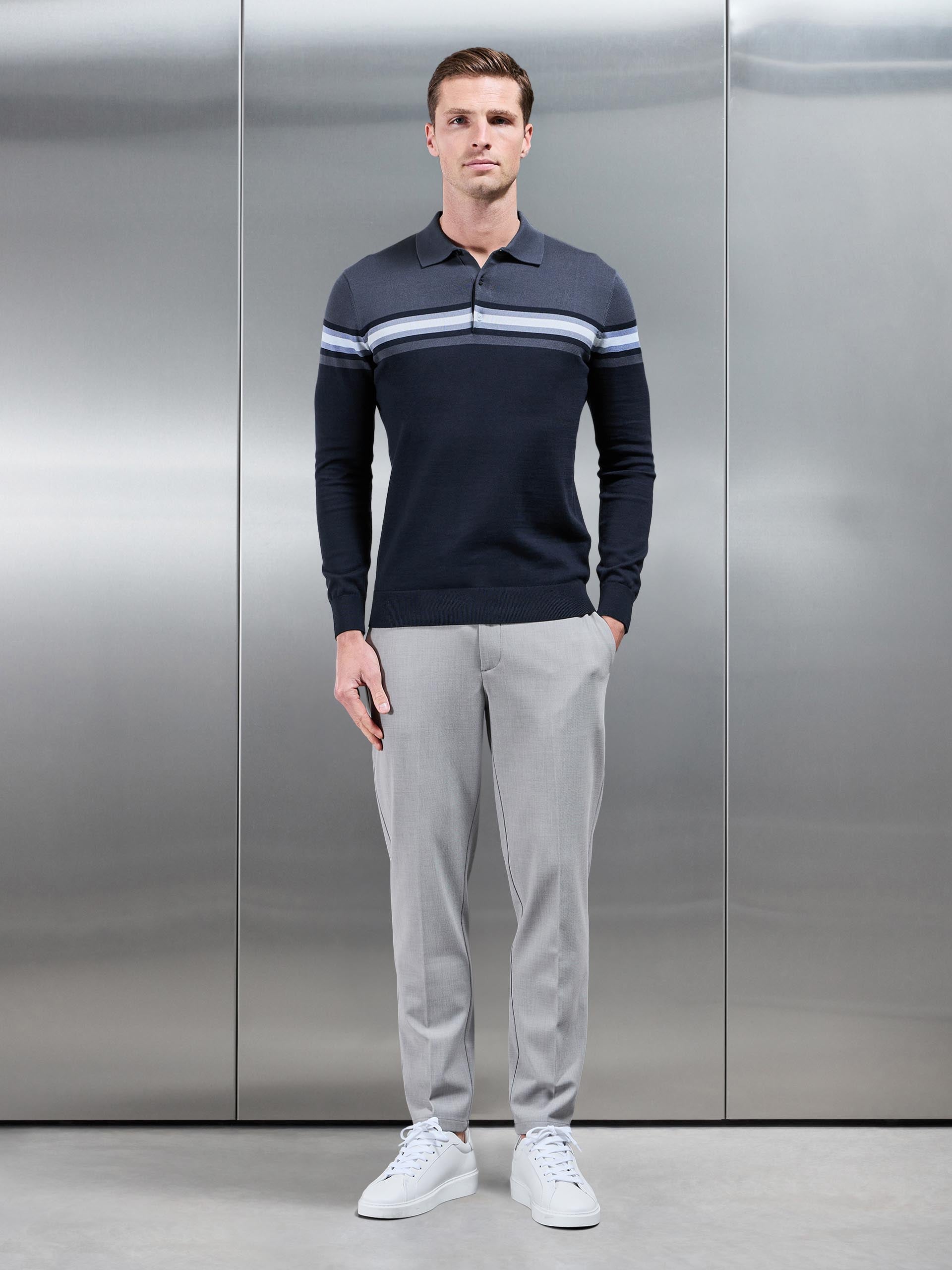 Cotton Knitted Colour Block Button Polo Shirt in Navy