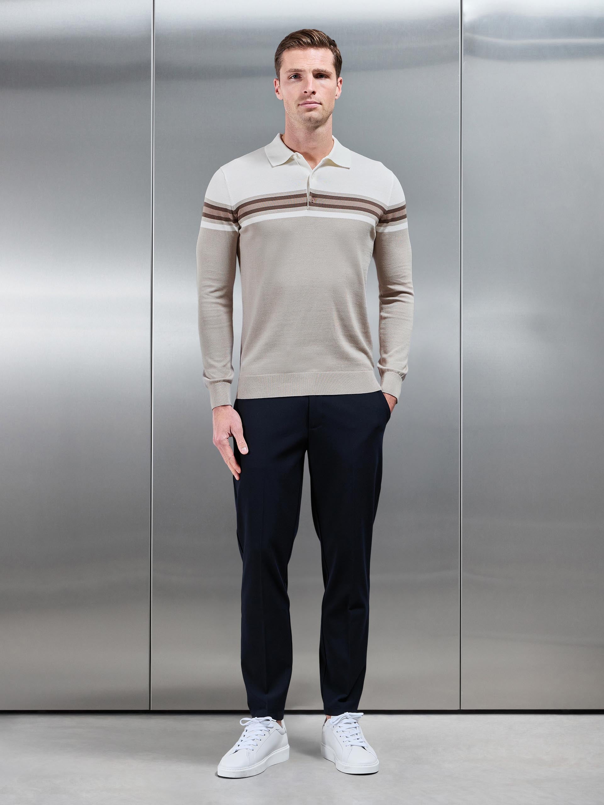 Cotton Knitted Colour Block Button Polo Shirt in Taupe