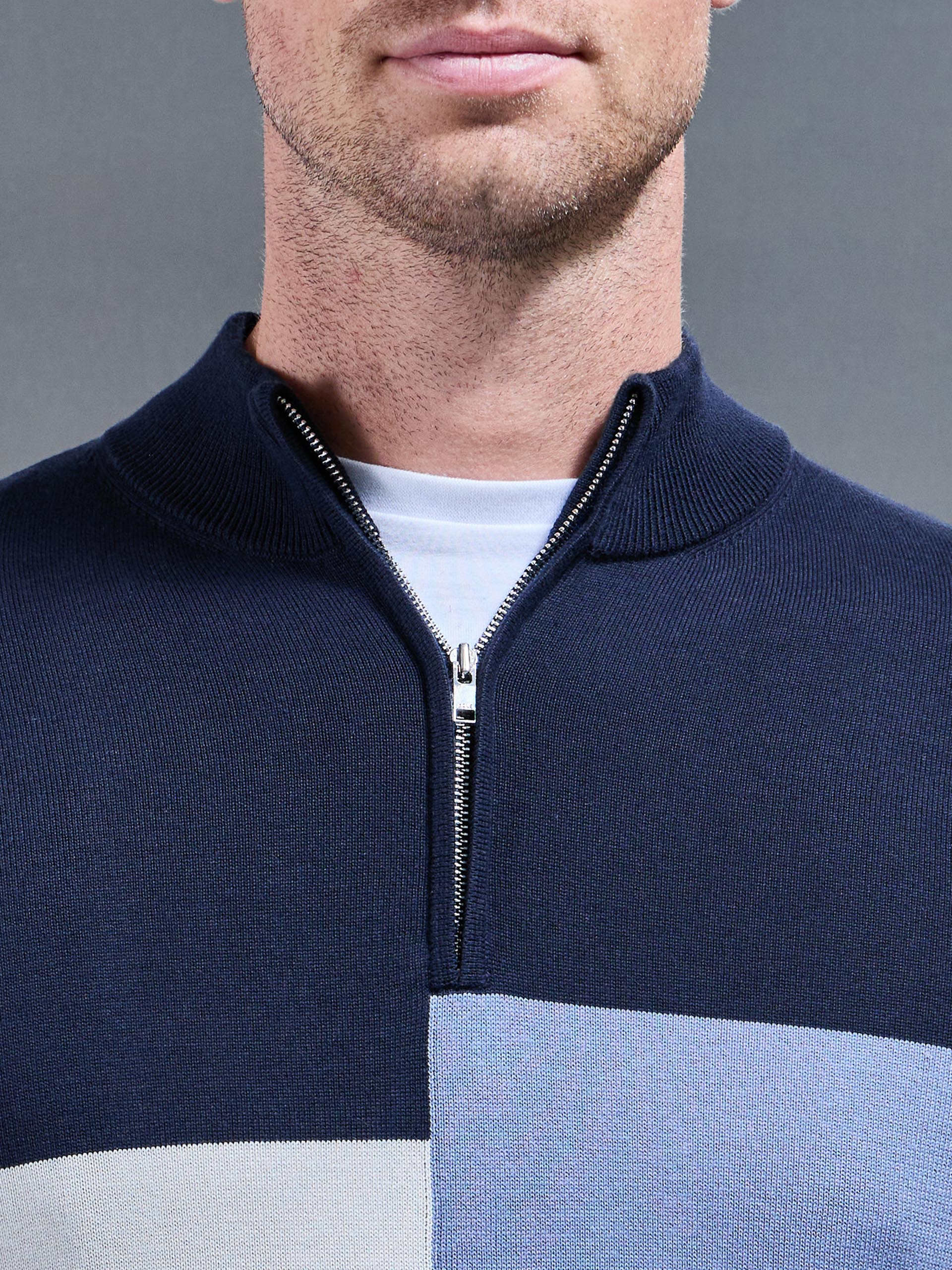 Cotton Knitted Colour Block Half Zip in Navy