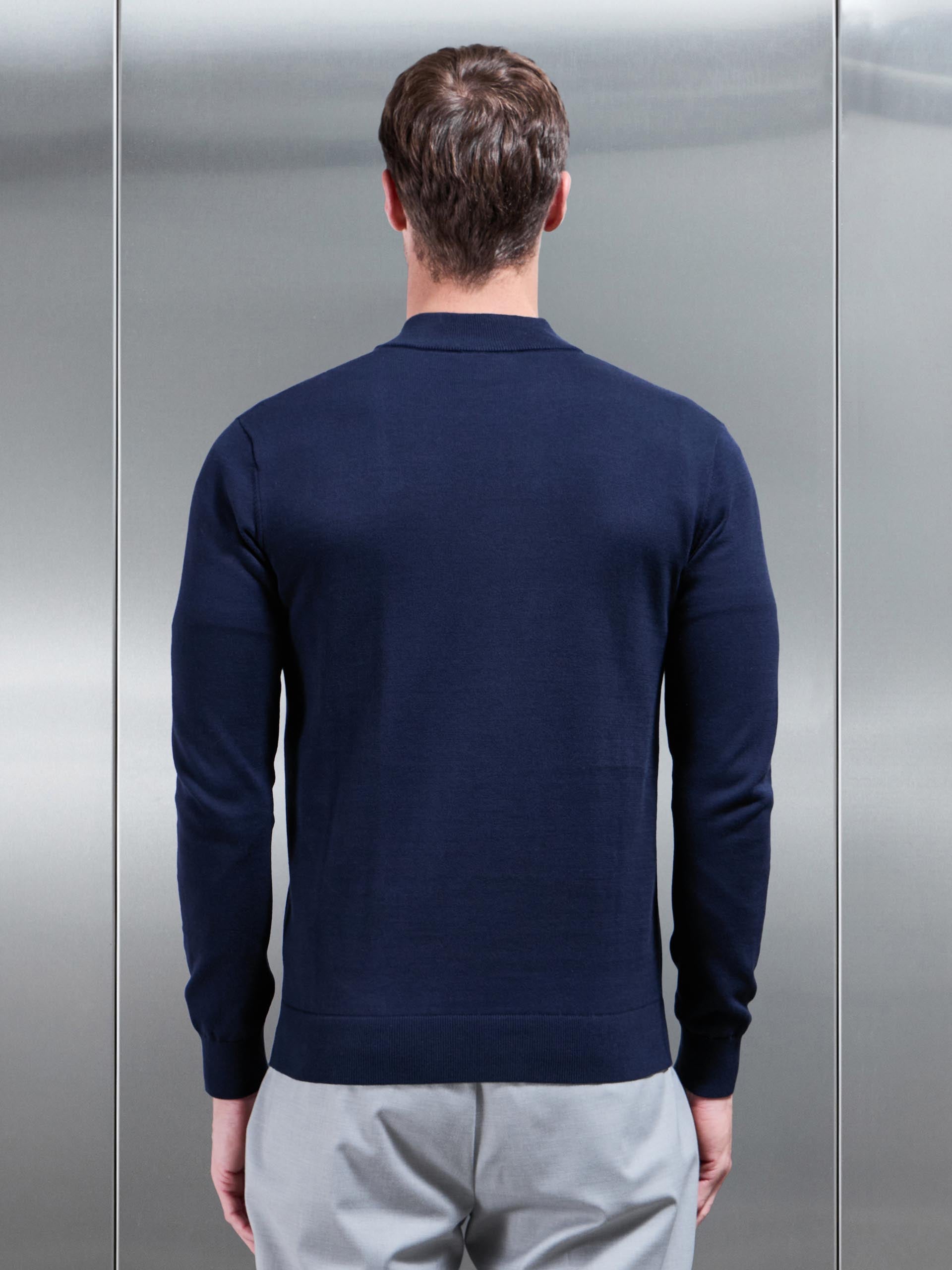 Cotton Knitted Colour Block Half Zip in Navy