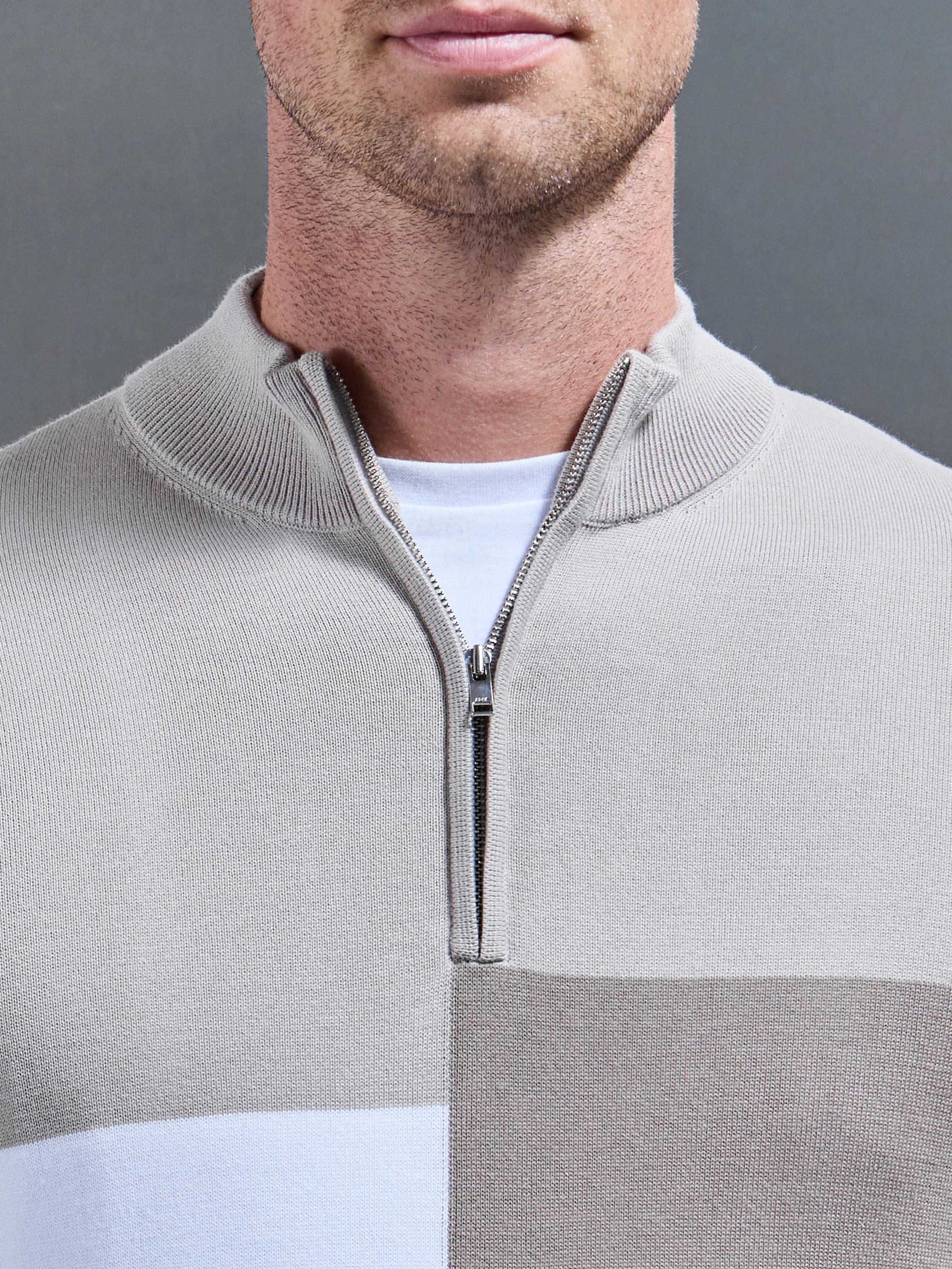 Cotton Knitted Colour Block Half Zip in Stone