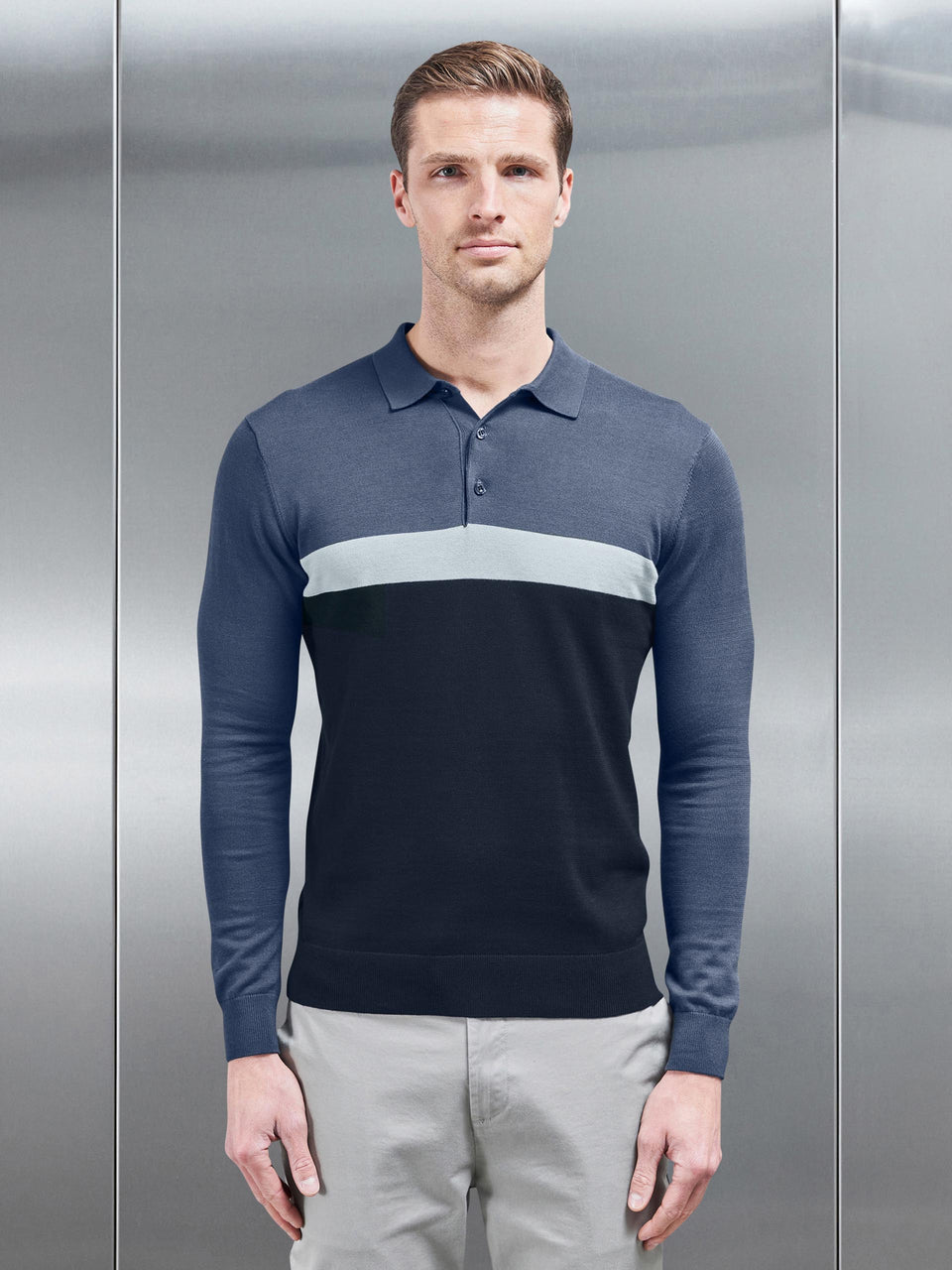 Cotton Knitted Colour Block Polo Shirt in Navy