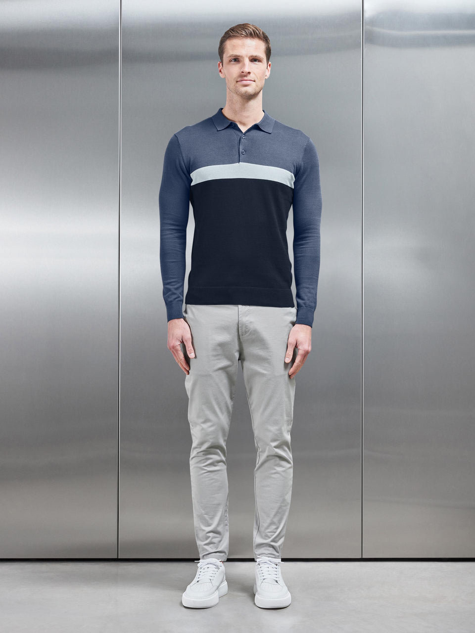 Cotton Knitted Colour Block Polo Shirt in Navy