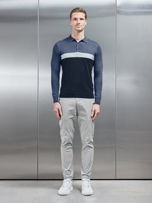 Cotton Knitted Colour Block Polo Shirt in Navy