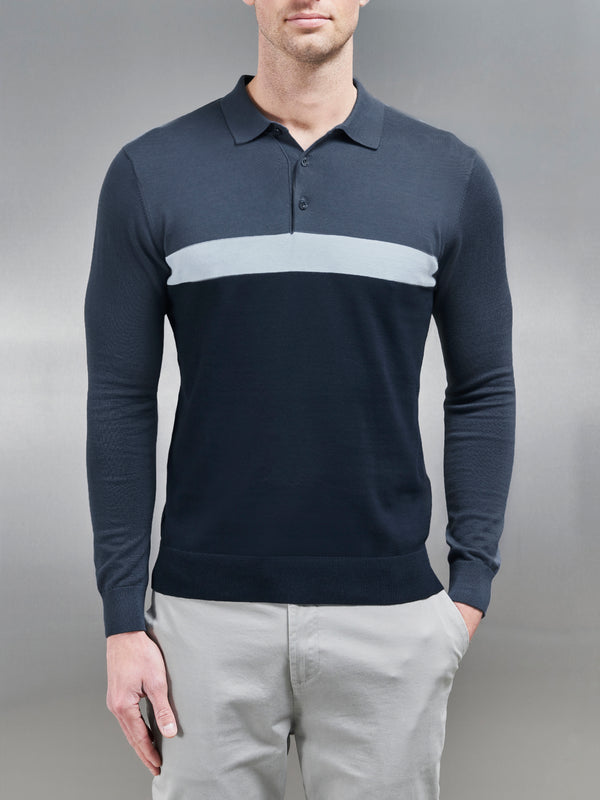 Cotton Knitted Colour Block Polo Shirt in Navy