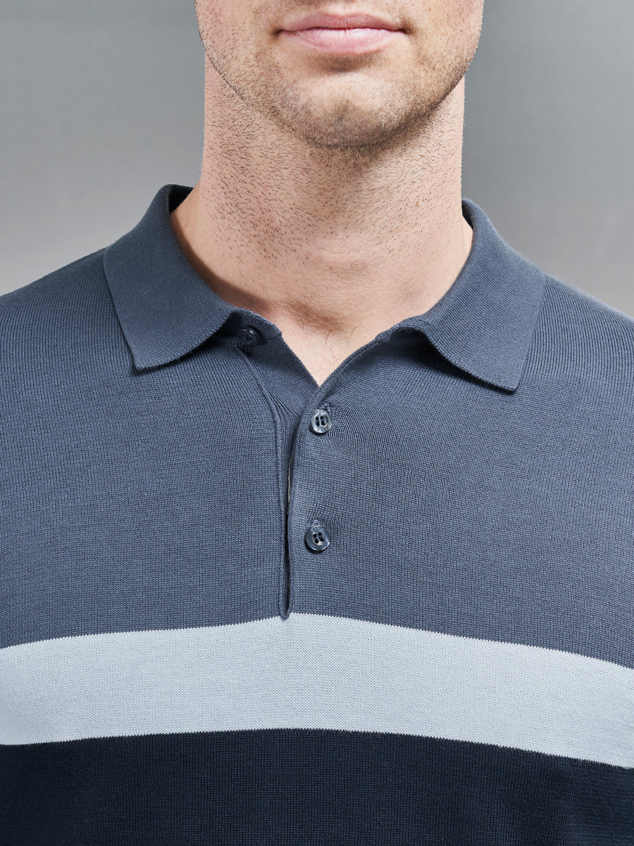 Cotton Knitted Colour Block Polo Shirt in Navy