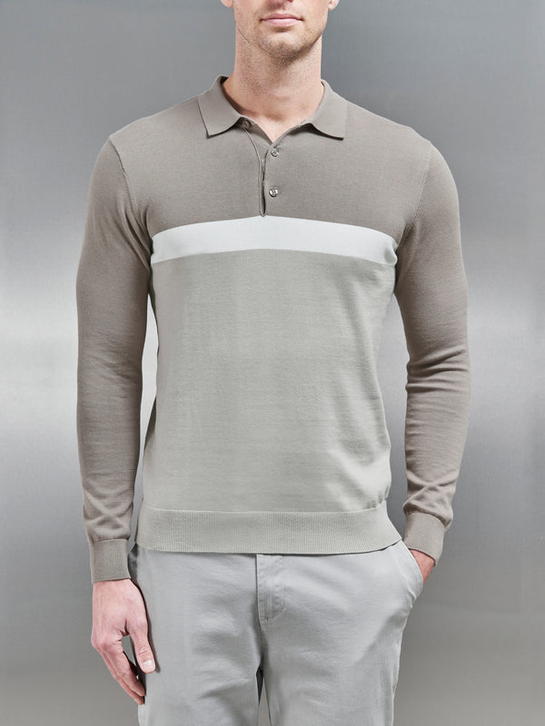 Cotton Knitted Colour Block Polo Shirt in Taupe