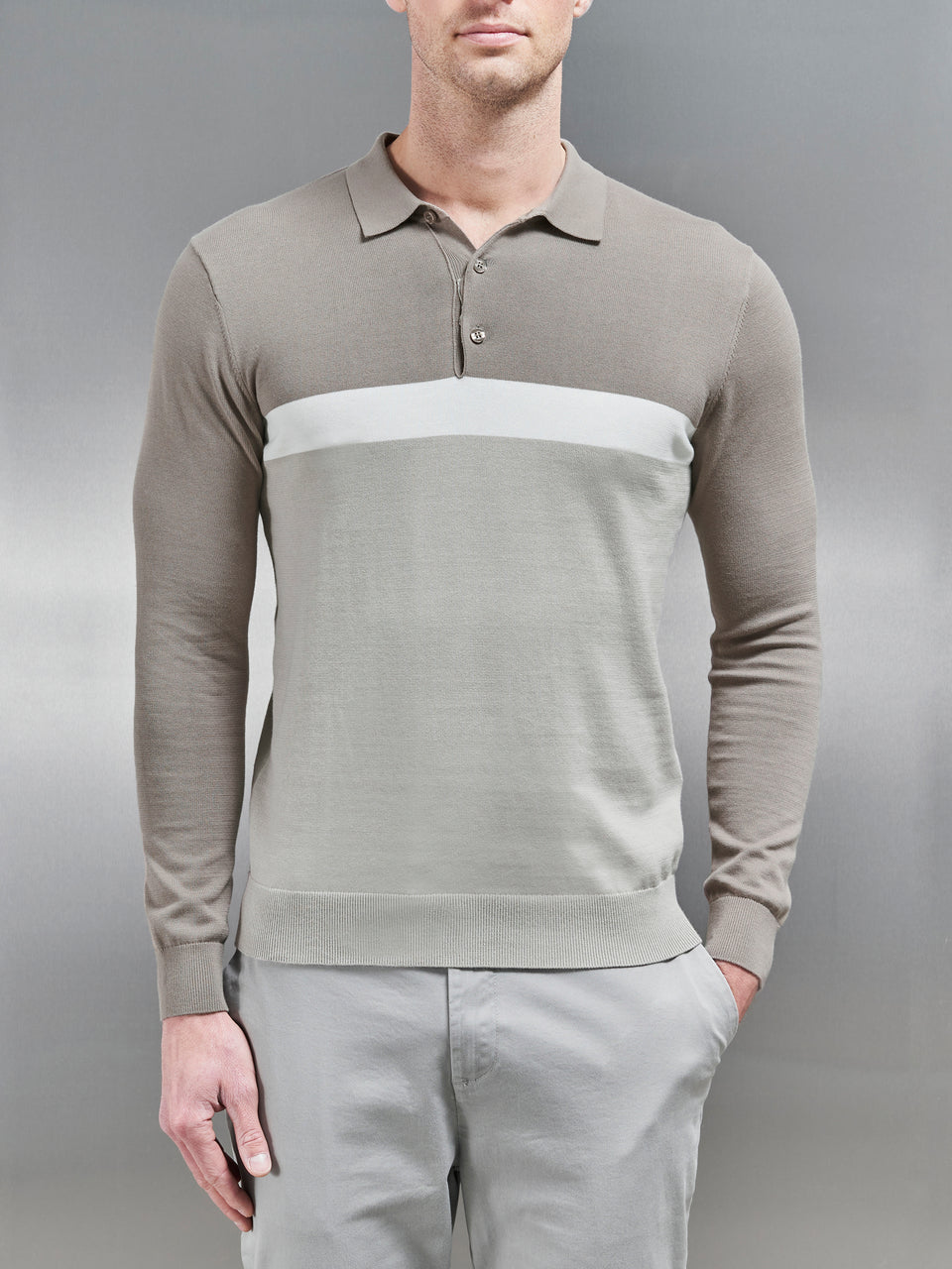 Cotton Knitted Colour Block Polo Shirt in Taupe