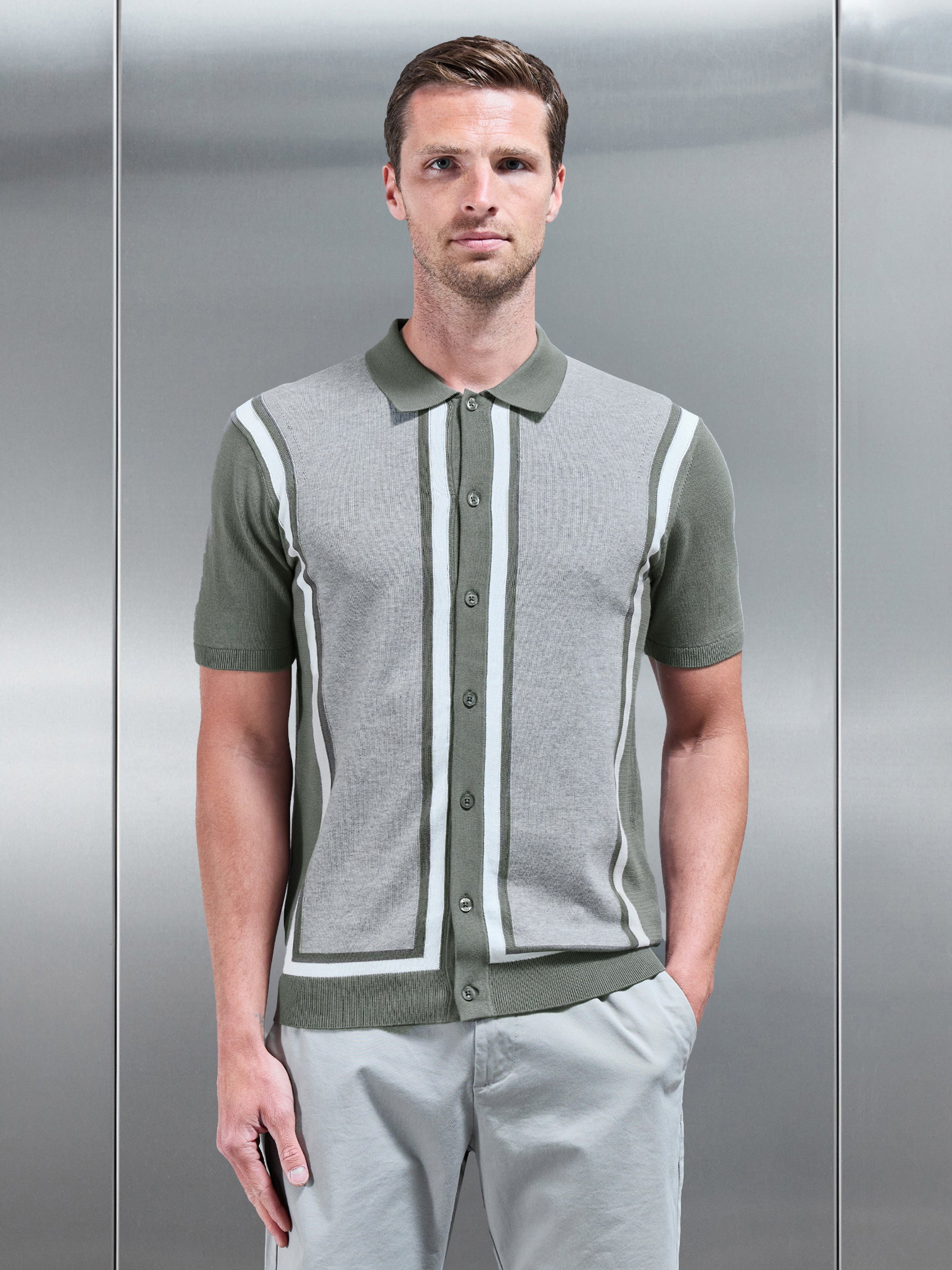 Cotton Knitted Colour Block Shirt in Olive