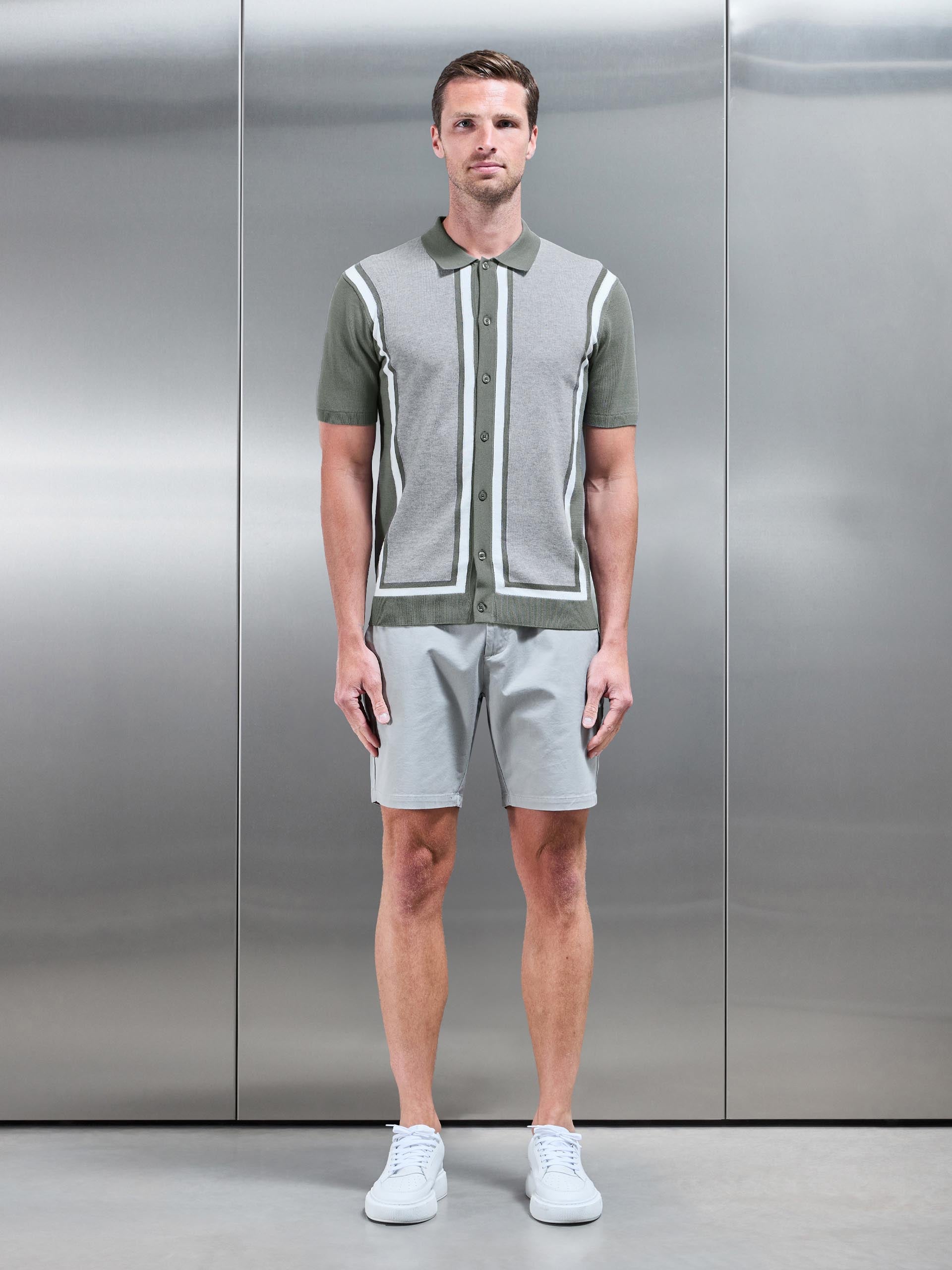 Cotton Knitted Colour Block Shirt in Olive