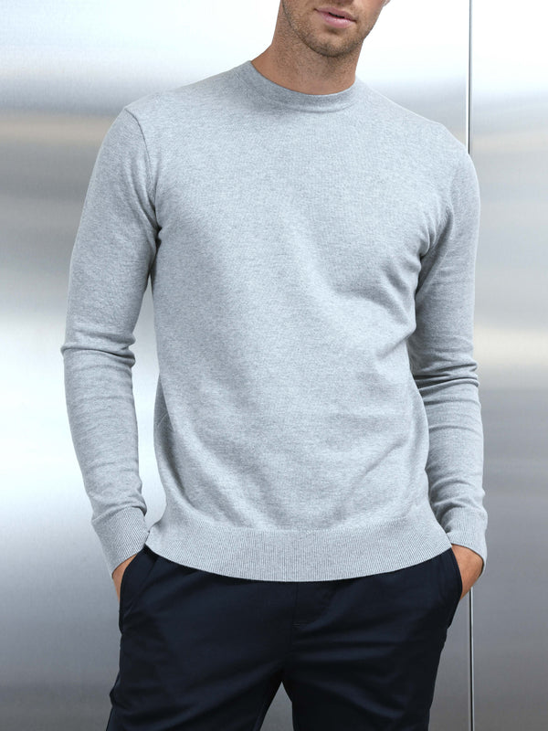 Cotton Knitted Crew Neck Sweatshirt in Marl Grey