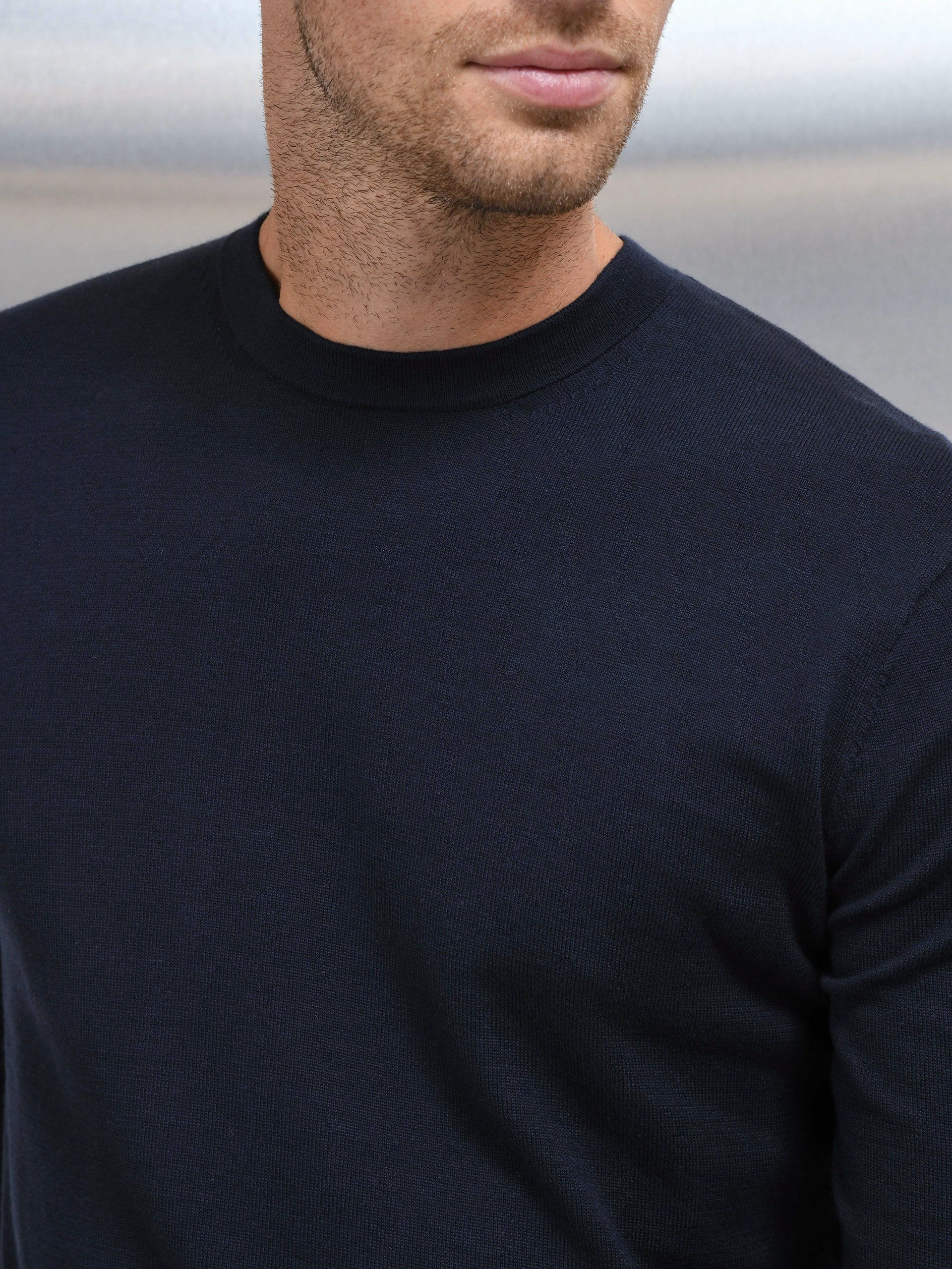 Cotton Knitted Crew Neck Sweatshirt in Navy