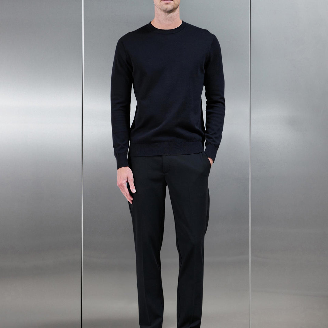 Cotton Knitted Crew Neck Sweatshirt in Black