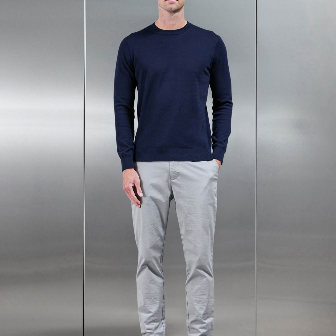 Cotton Knitted Crew Neck Sweatshirt in Navy