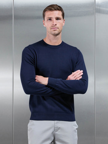 Cotton Knitted Crew Neck Sweatshirt in Navy