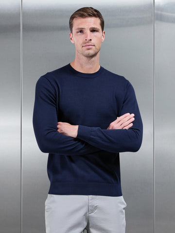 Cotton Knitted Crew Neck Sweatshirt in Navy