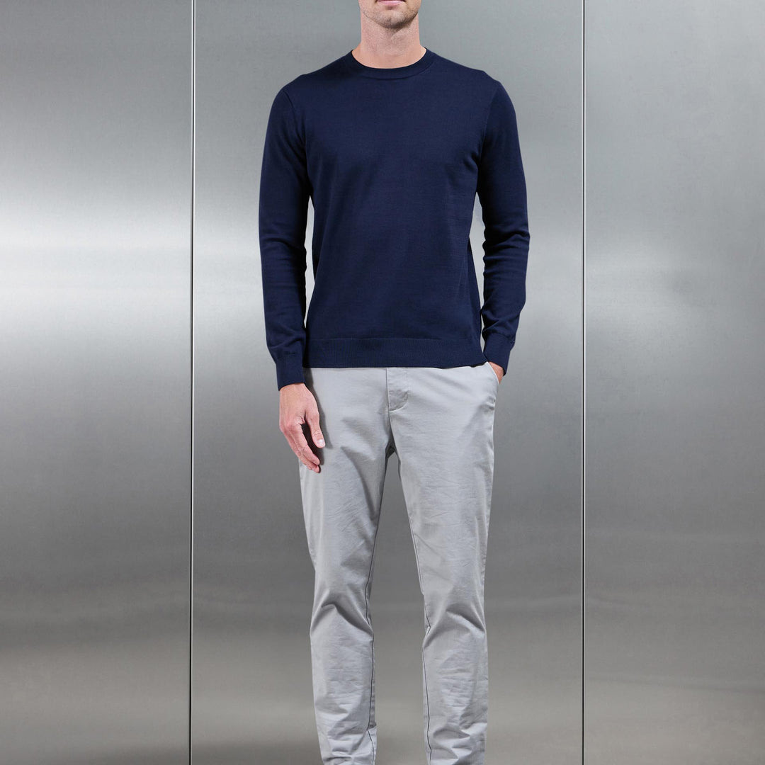 Cotton Knitted Crew Neck Sweatshirt in Navy