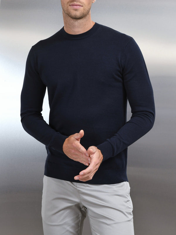 Cotton Knitted Crew Neck Sweatshirt in Navy