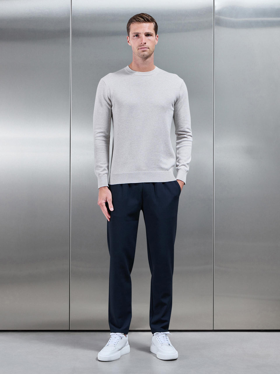 Cotton Knitted Crew Neck Sweatshirt in Oatmeal