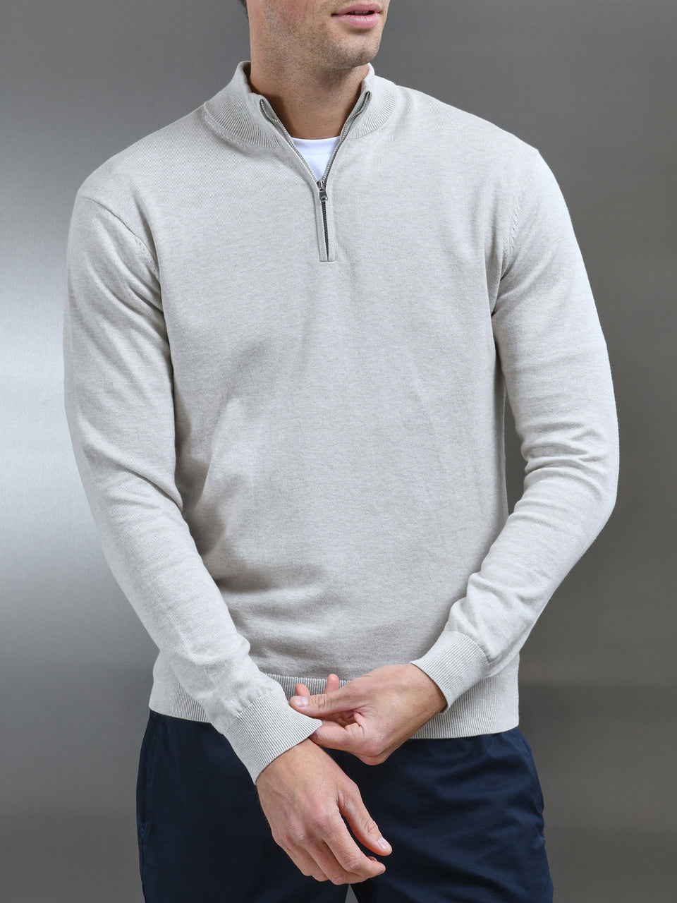 Cotton Knitted Half Zip Funnel Neck Jumper in Oatmeal