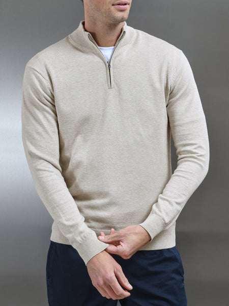 Cotton Knitted Half Zip Funnel Neck Jumper in Oatmeal