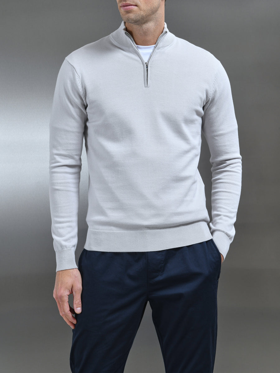 Cotton Knitted Half Zip Funnel Neck Jumper in Mid Grey