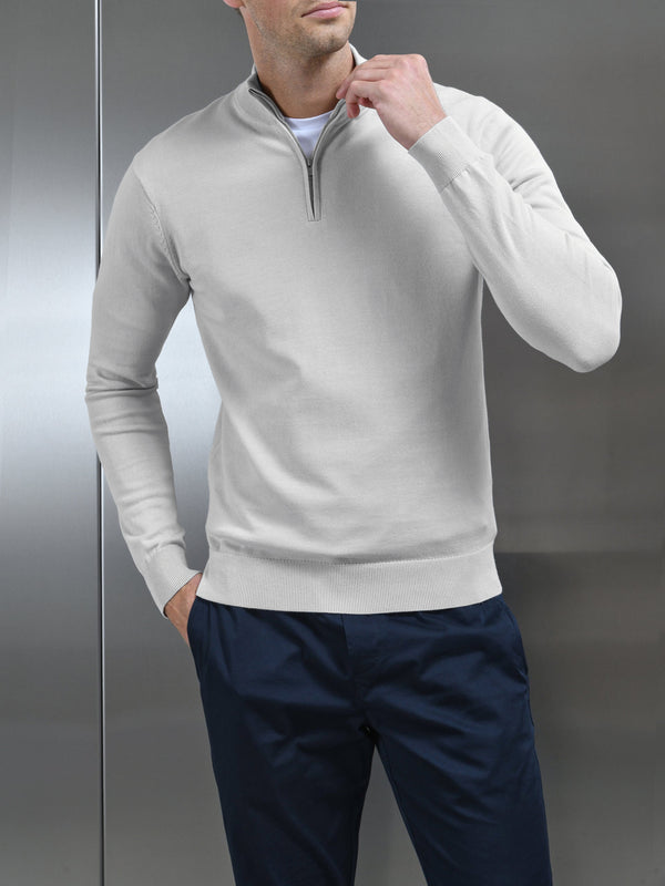 Cotton Knitted Half Zip Funnel Neck Jumper in Mid Grey