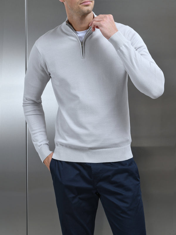 Cotton Knitted Half Zip Funnel Neck Jumper in Mid Grey