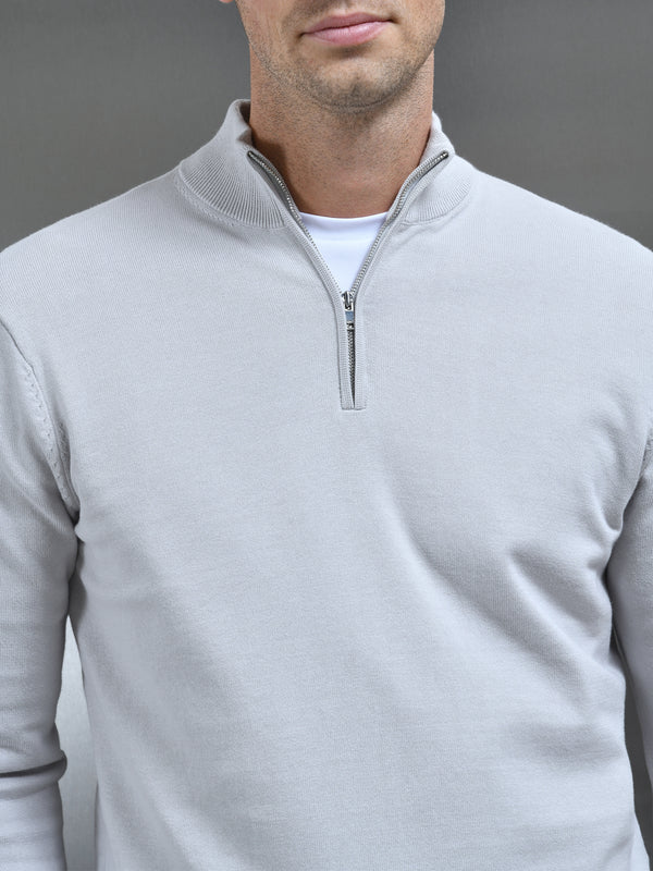 Cotton Knitted Half Zip Funnel Neck Jumper in Mid Grey