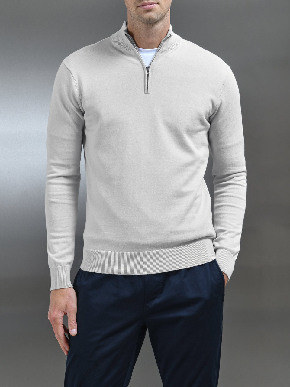 Cotton Knitted Half Zip Funnel Neck Jumper in Mid Grey